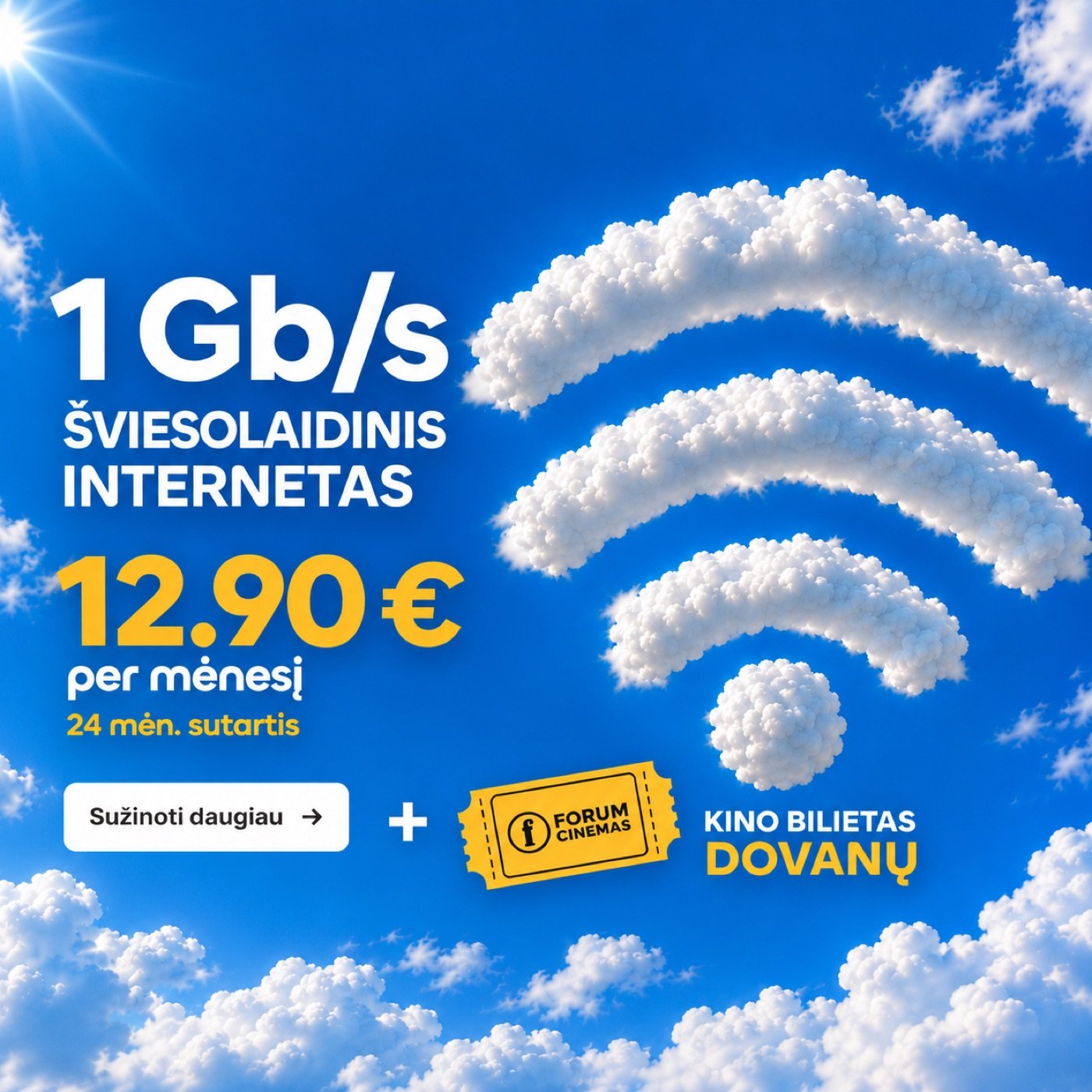 1 Gb/s šviesolaidinis internetas – 12,90 € per mėnesį, kino bilietas dovanų